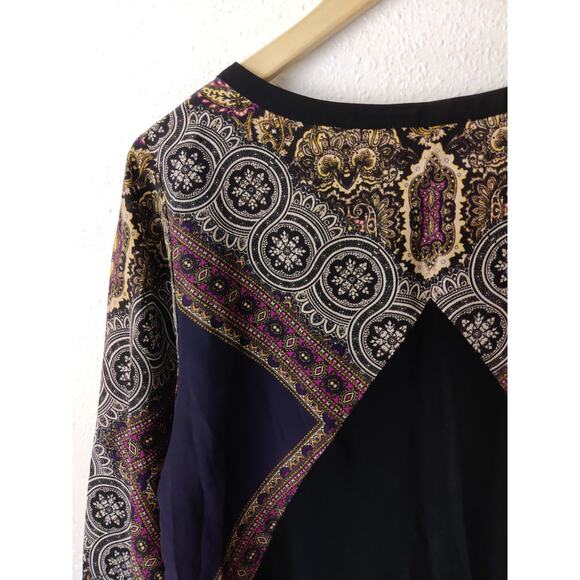 Anthropologie Kachel Black & Tan Boho Mixed Print Peasant Top Size 4 - Picture 5 of 7